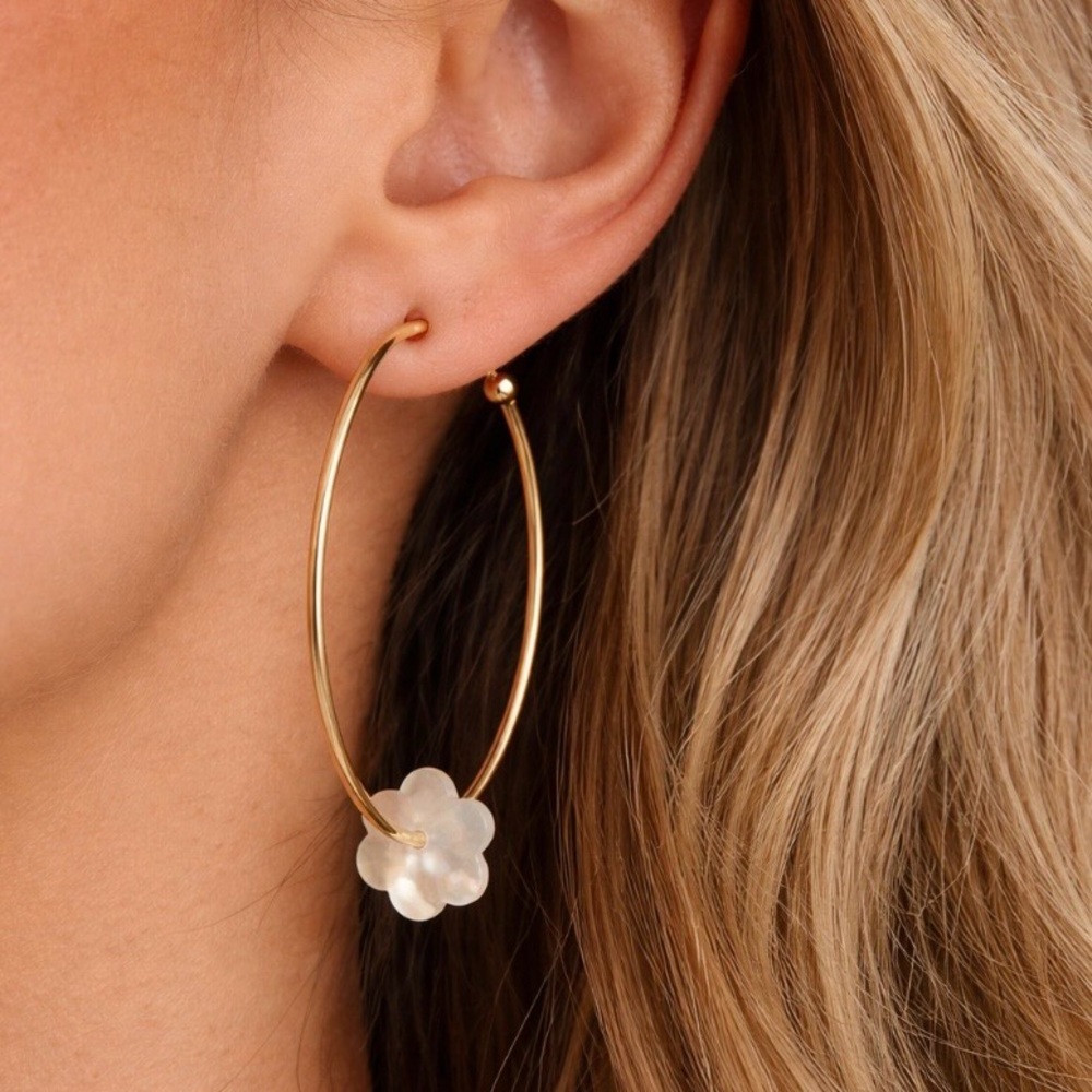 Gold Hoop Earrings with Mother-of-Pearl Flower Charm